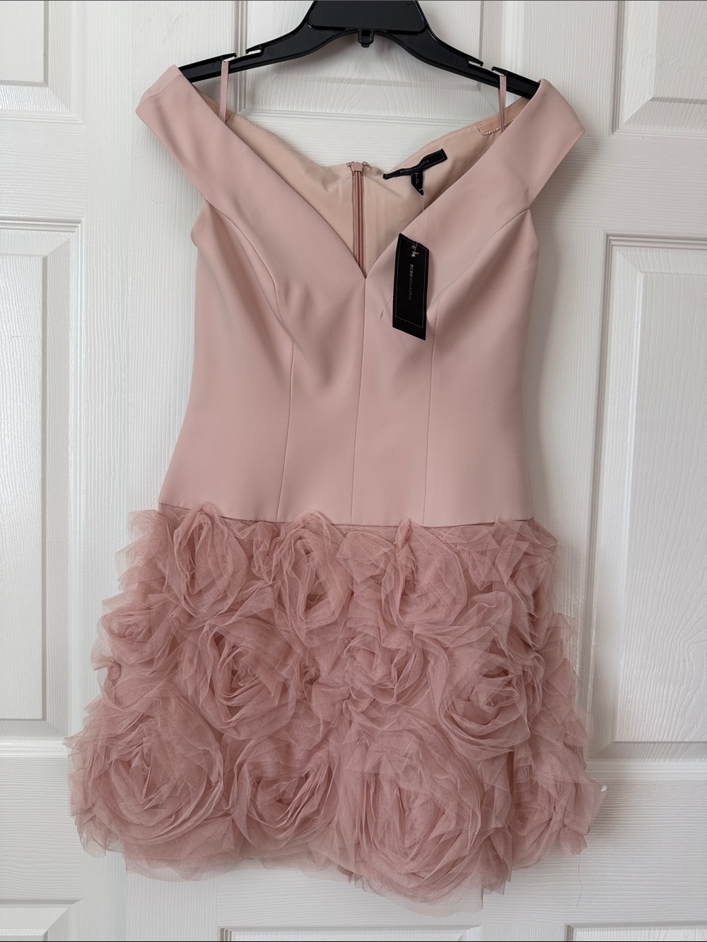 BCBGMaxAzria Blush Pink Off-Shoulder Tulle Rosette Mini Dress